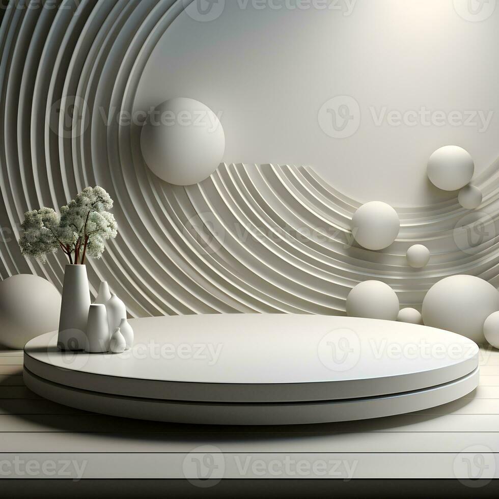 3d hacer de blanco redondo podio en el de madera piso en el moderno habitación. ai generativo ilustración. podio para producto disparo. mínimo monitor para producto. foto