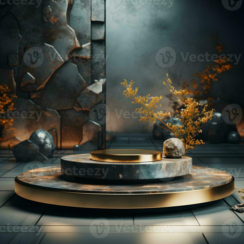 paisaje diseño 3d representación vacío Bosquejo escena de hormigón textura podio para el producto plantilla, generativo ai foto