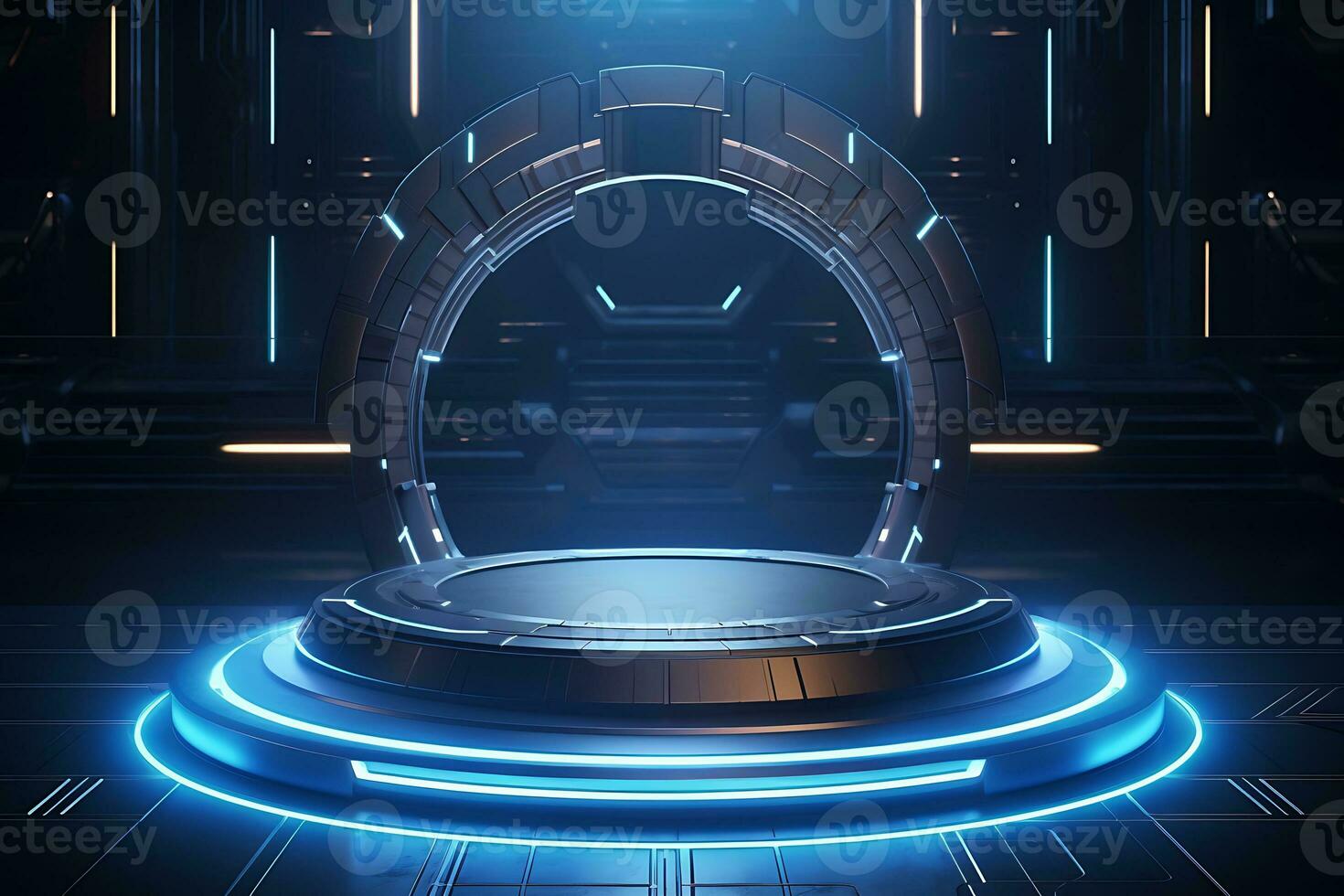 Futuristic stand or podium background. sci-fi display scene, space from the windows of a spaceship AI Generative Illustration photo