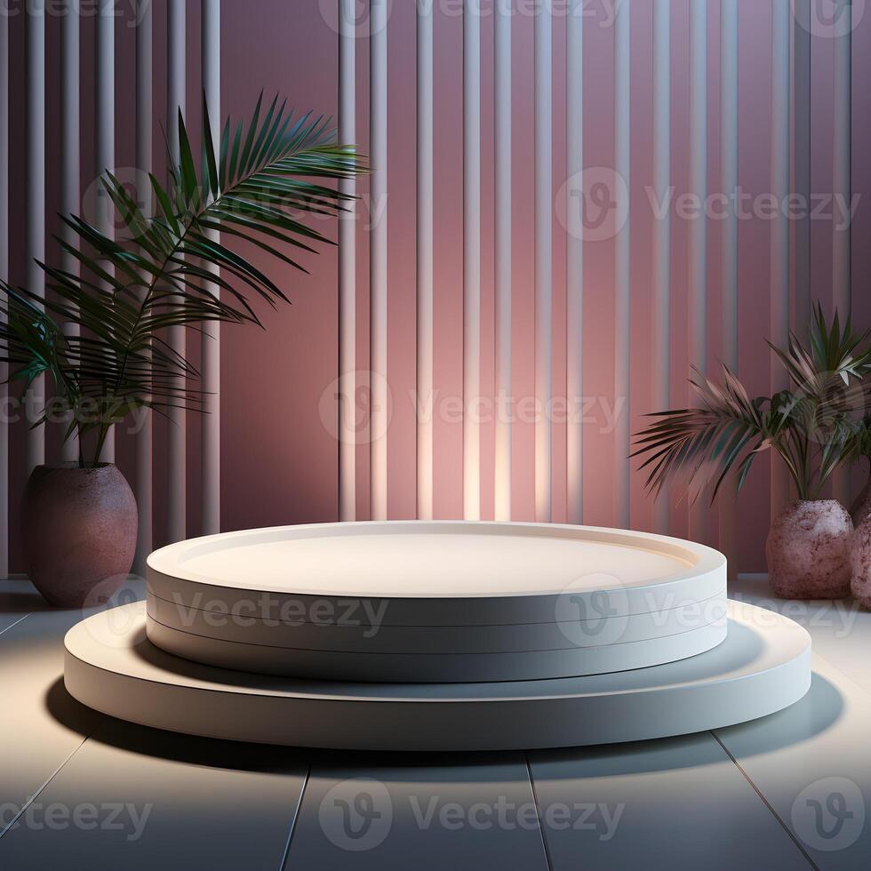 3d render, abstract minimal scene with podium and palm leaves, geometric forms. Illustration. Podium for product shoot. Minimal Display for product. photo