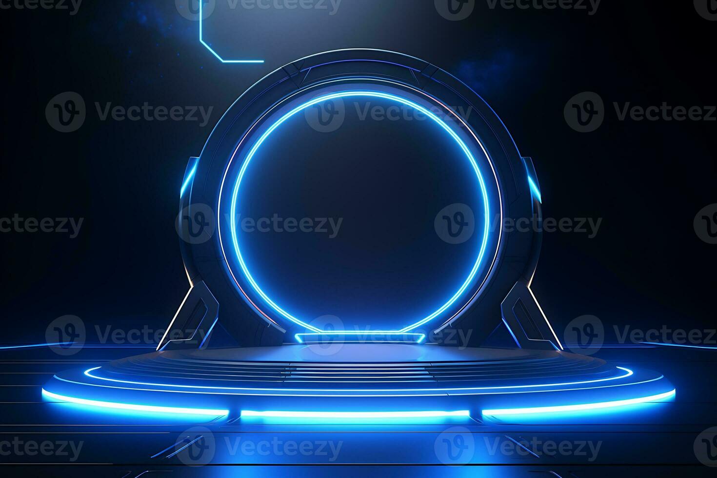Futuristic stand or podium background. sci-fi display scene, space from the windows of a spaceship AI Generative Illustration photo
