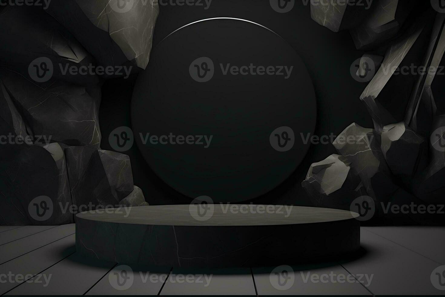 Mockup for podium exhibition or showcase with a minimalistic black geometric Stone and Rock form background. Generative AI photo