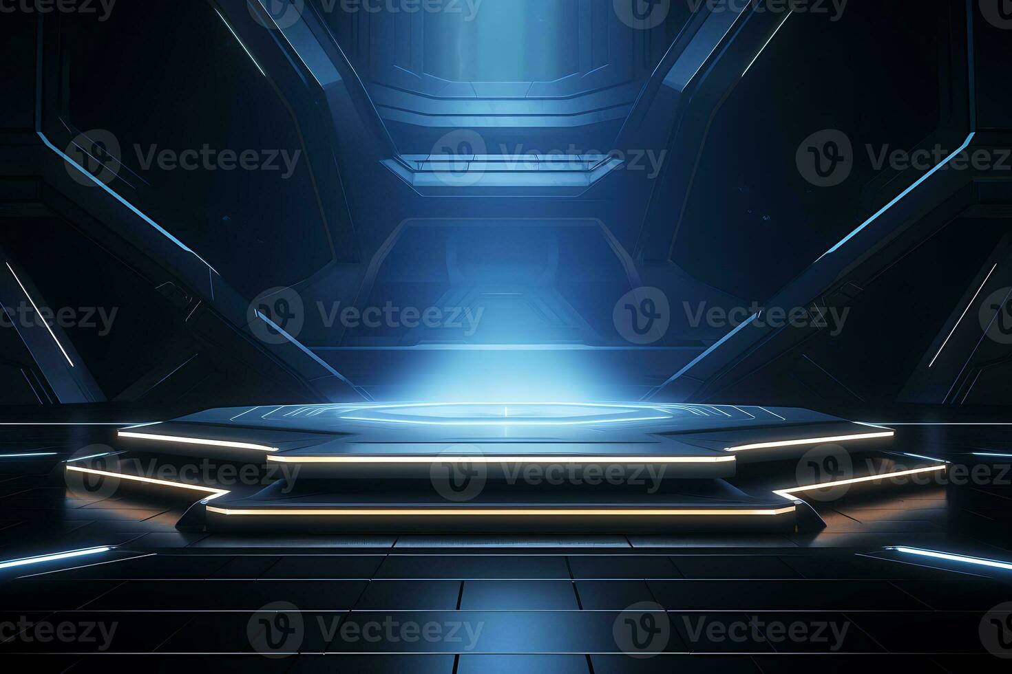 Futuristic stand or podium background. sci-fi display scene, space from the windows of a spaceship AI Generative Illustration photo