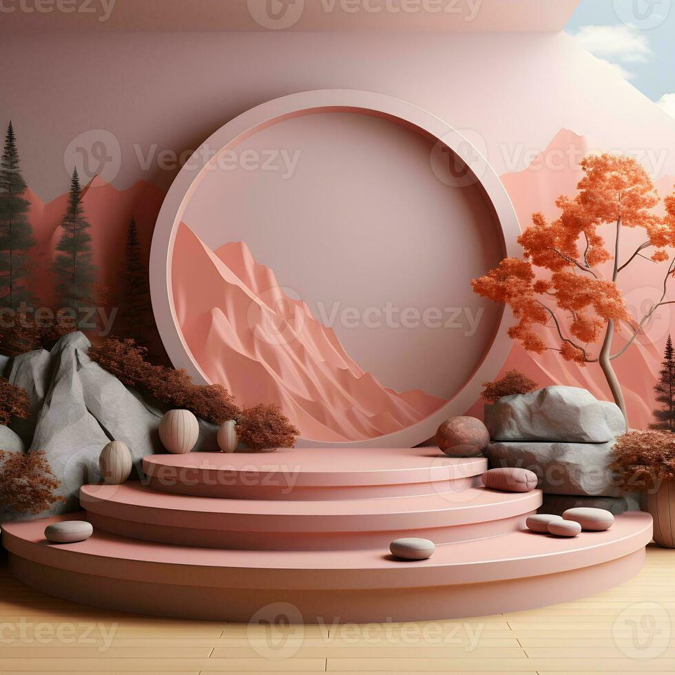 Landscape layout 3d rendering empty mockup scene of concrete texture podium for the product template, generative ai photo