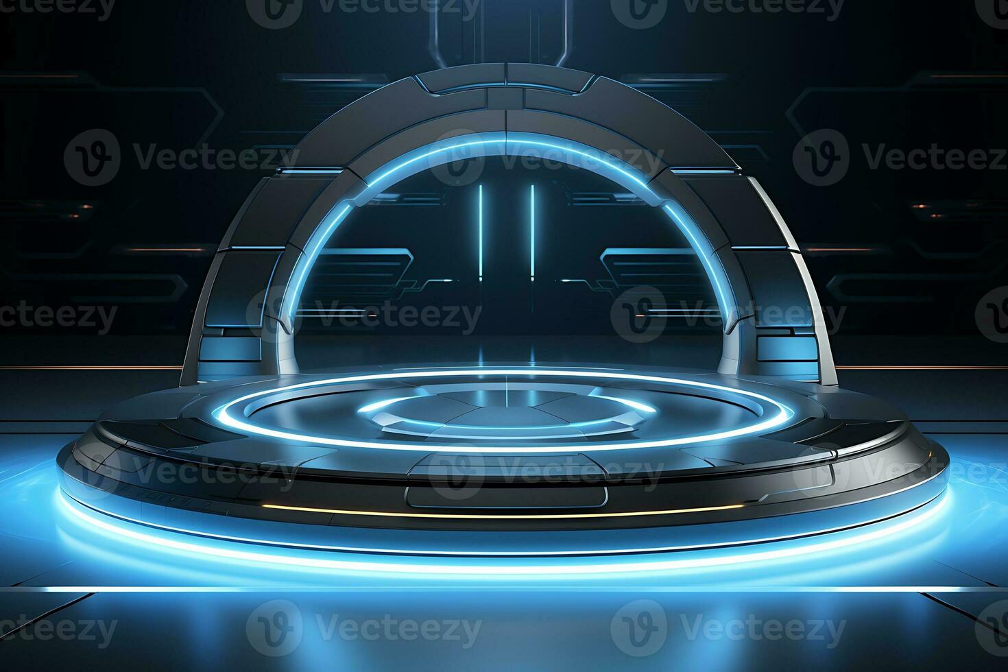 Futuristic stand or podium background. sci-fi display scene, space from the windows of a spaceship AI Generative Illustration photo
