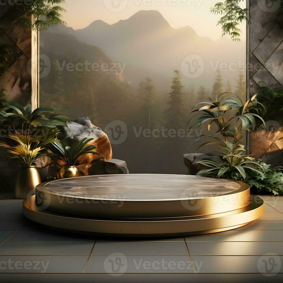 Landscape layout 3d rendering empty mockup scene of concrete texture podium for the product template, generative ai photo
