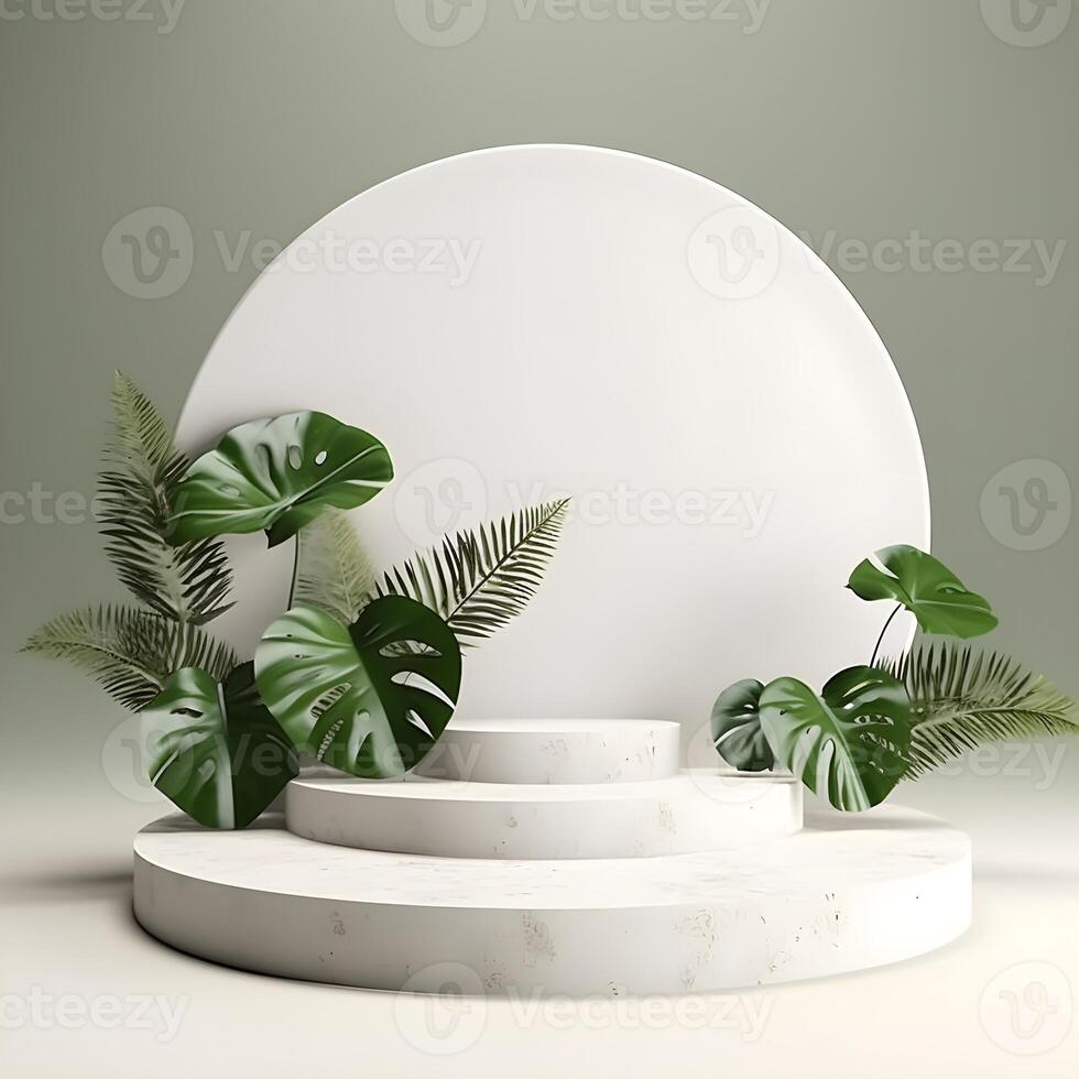 3d render empty space white podium with monstera leaf house plant Podium for product shoot. AI Generative Illustration. photo