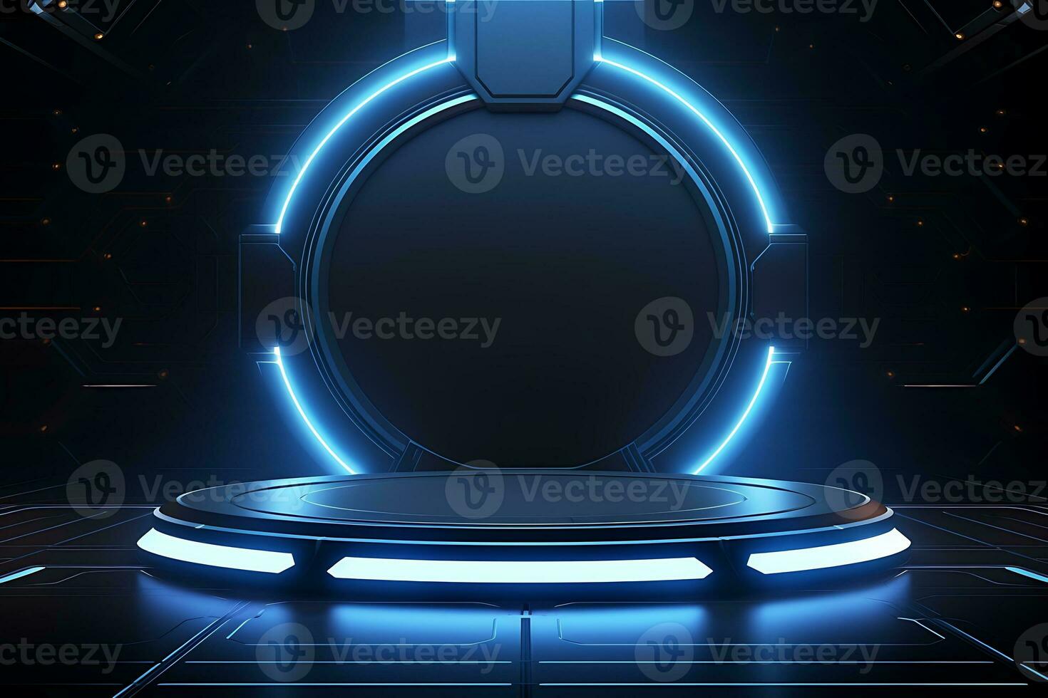 Futuristic stand or podium background. sci-fi display scene, space from the windows of a spaceship AI Generative Illustration photo