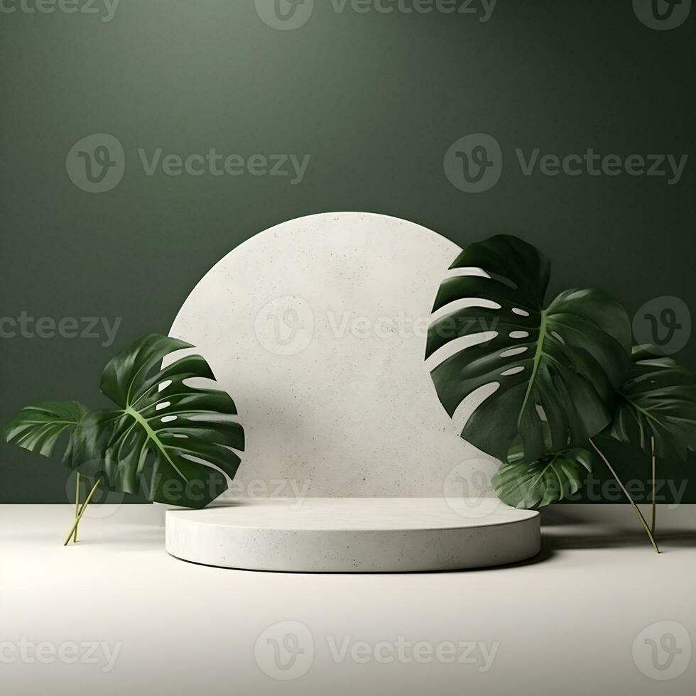 3d render empty space white podium with monstera leaf house plant Podium for product shoot. AI Generative Illustration. photo