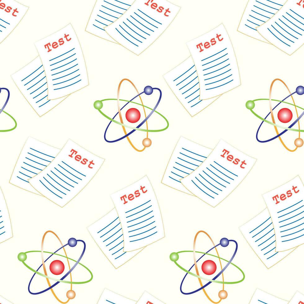 Seamless pattern of hand drawn school elements, atom model and test, on isolated background. Design for back to school prints, scrapbooking, textile, home and nursery decor, paper craft. vector