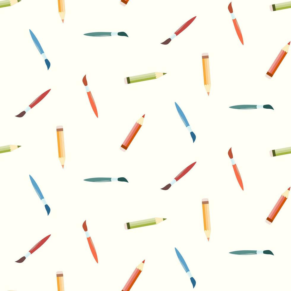 Seamless pattern of hand drawn school colour pencils and brushes on isolated background. Art education design for back to school prints, scrapbooking, textile, home and nursery decor, paper crafts. vector