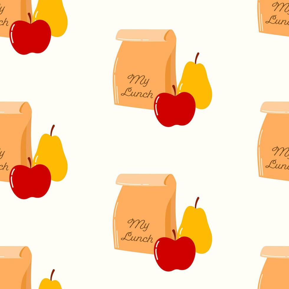 Seamless pattern of hand drawn school lunch box with apple and pear on isolated background. Design for back to school print, scrapbooking, textile, home and nursery decor, paper crafts. vector