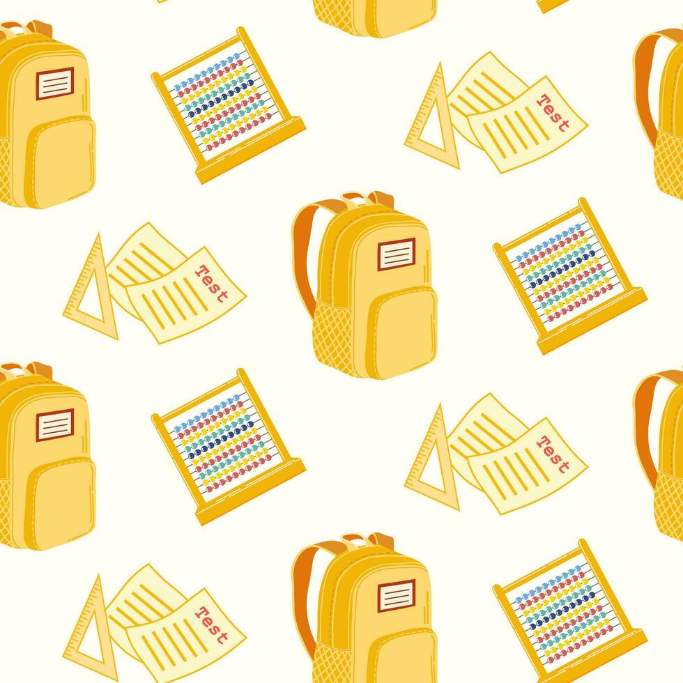 Seamless pattern of hand drawn back to school supplies, abacus and backpack, on isolated background. Design for back to school prints, scrapbooking, textile, home and nursery decor, paper craft. vector