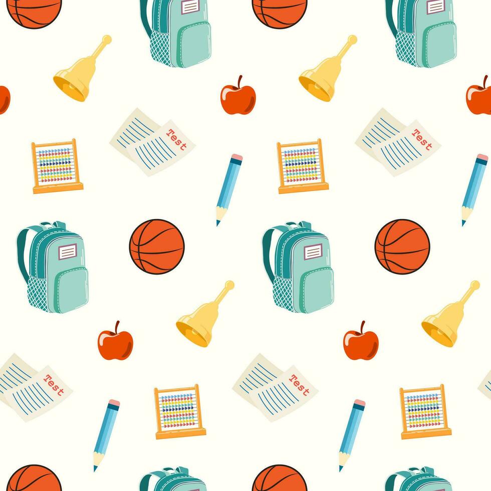 Seamless pattern of hand drawn school supplies on isolated background. Education design for back to school prints, scrapbooking, textile, home and nursery decor, paper crafts. vector