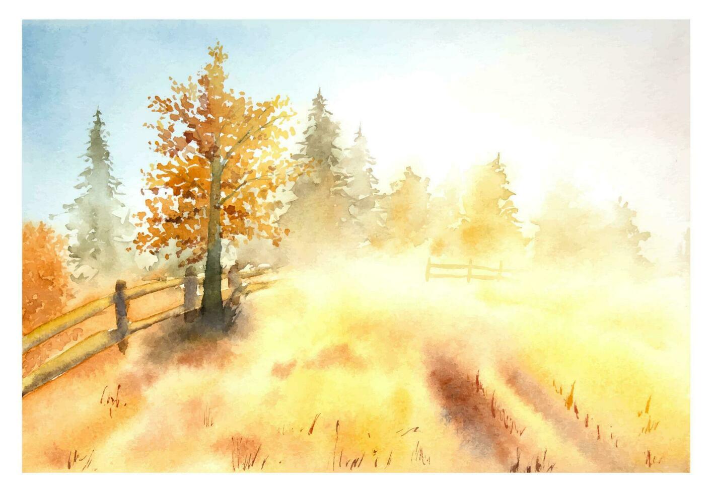 Hand drawn watercolor autumn landscape. Watercolor fall landscape with trees in warm colors. vector