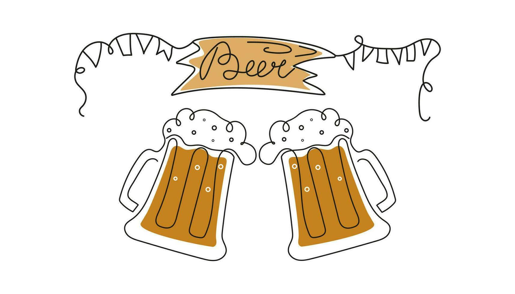 Set of beer mugs in line art style. Beer Day, festival, holiday. Wooden sign with lettering. Calligraphy, outline drawing. Oktoberfest, October. Vector illustration, background isolated.