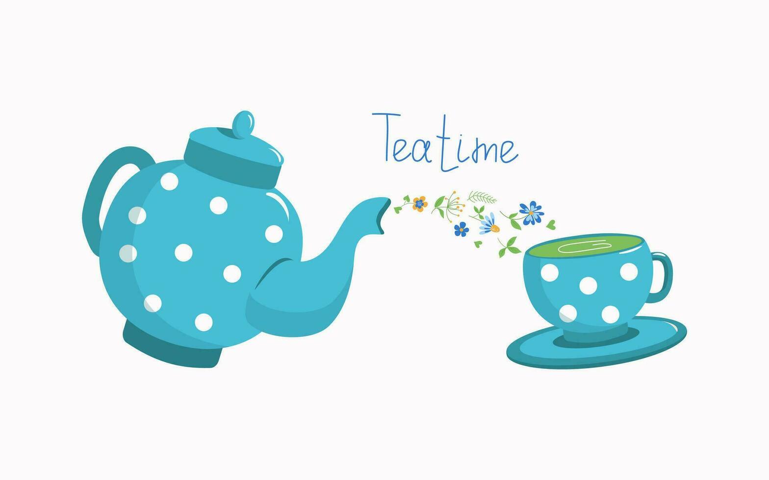 Tea Time. Cup, teapot with floral green tea, cup and saucer. A drink with herbs and leaves. Therapeutic chamomile tea. Inscription, calligraphy. Vector illustration on isolated background.