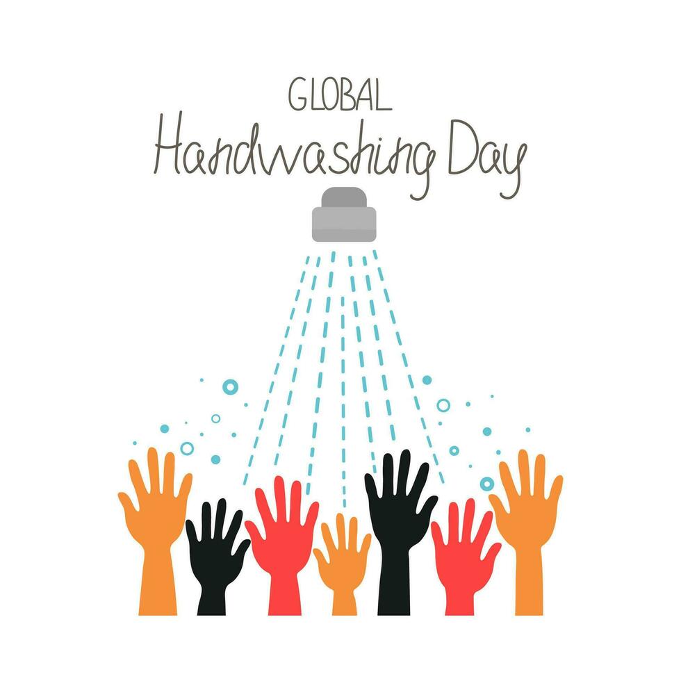 World handwashing day. Human hands, tap water, pouring water and soap bubbles. Washing hands with soap. Calligraphy text. Written by hand. Vector illustration.