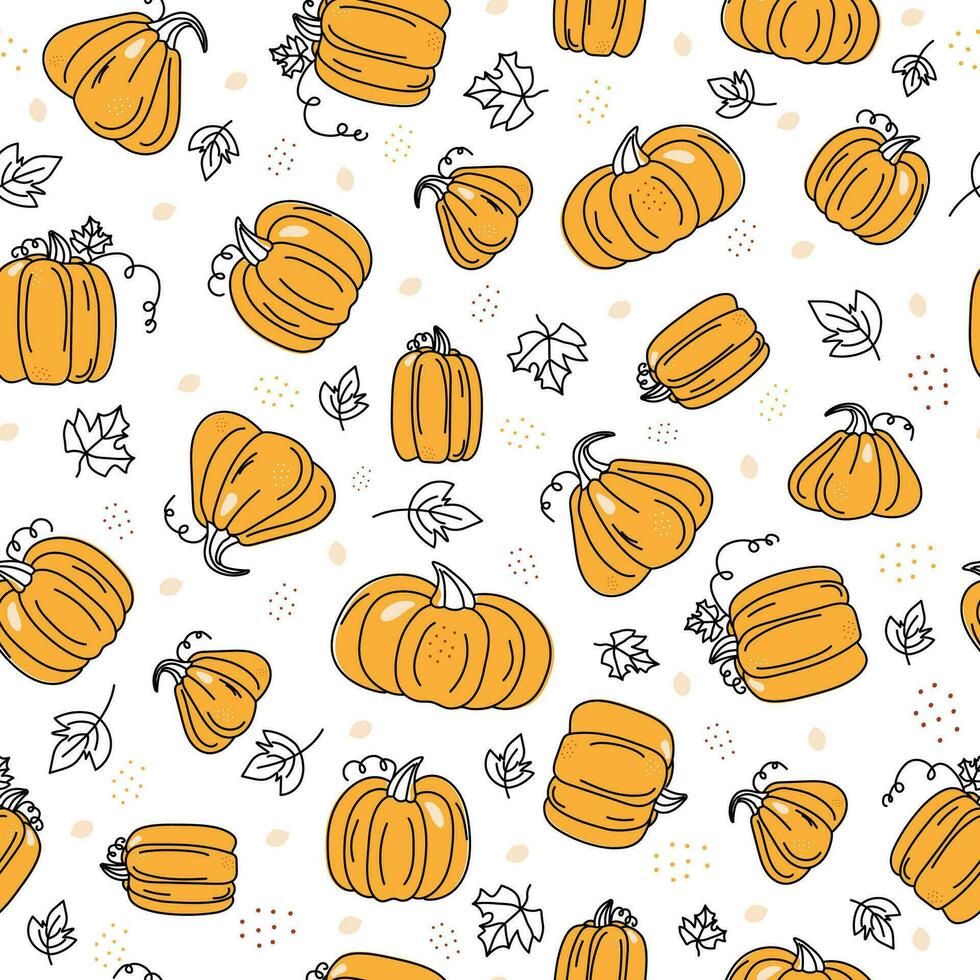 The Pattern is Autumn. A set of vegetables, a pumpkin. Halloween. Harvest of vegetables. Contour drawing, colored spots. Harvest, food. Fall season. Doodle. Vector seamless background.