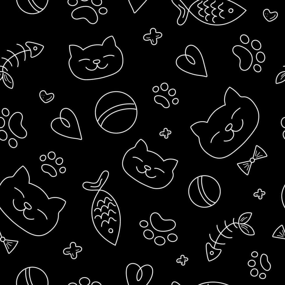 Pattern animal food. Funny muzzles of a dog and a cat, traces of animals. Abstract outline drawing. Doodle. Seamless vector background.