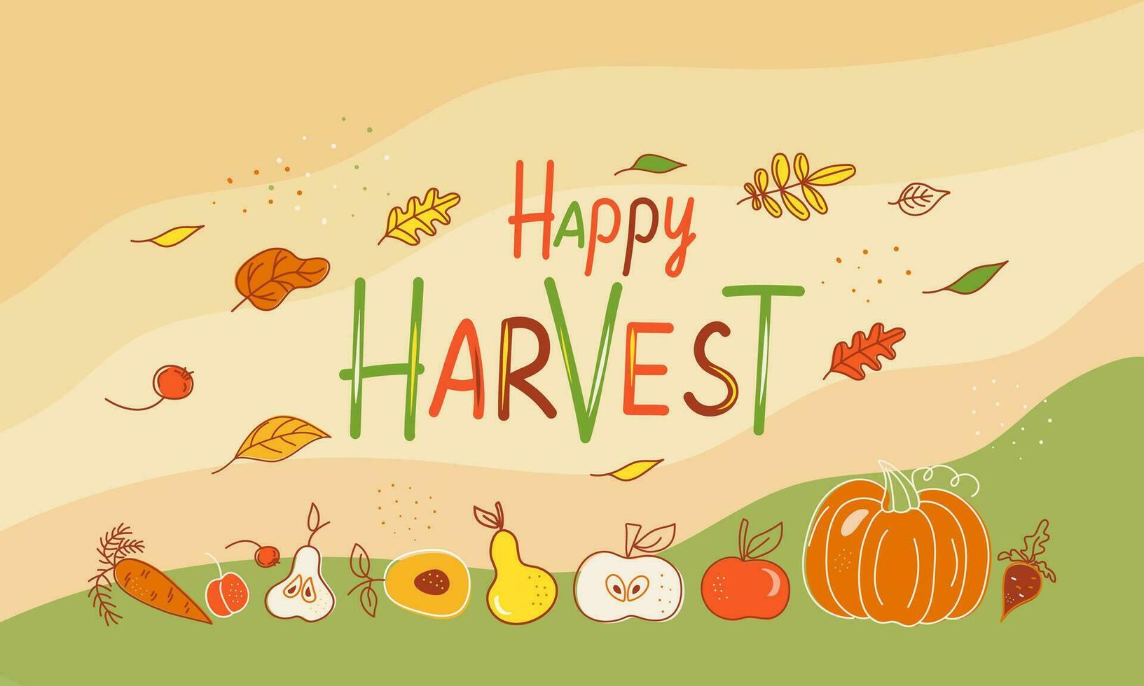 Autumn. Happy Harvest. Banner, postcard Happy harvest. Fruits, vegetables, autumn leaves. Pumpkin, Harvest Festival, lettering. Vector illustration, background isolated.