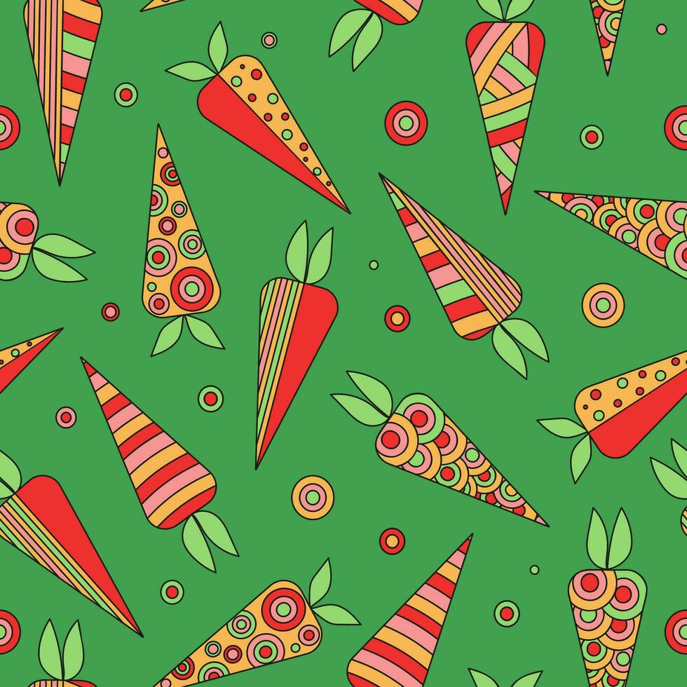 Carrot abstract, ornament. The pattern seamless. Bright vegetables. Drawings, doodle. Vegetarian food. Vector illustration on white isolated background.