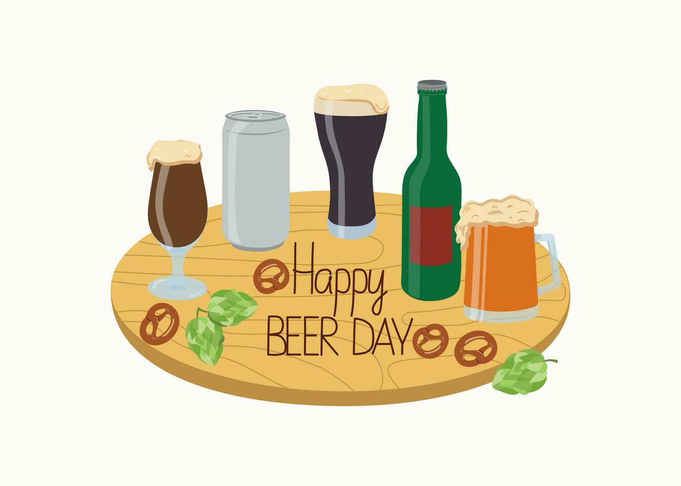 Beer day, festival, holiday. Octoberfest. Wooden sign with lettering decorated with beer items, beer in a bottle, can, mug. Hop cones. Vector illustration, background isolated.