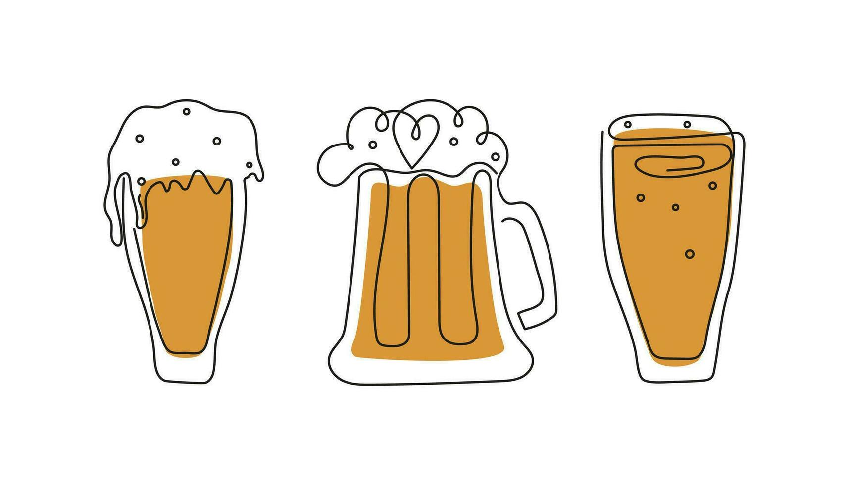 Beer Day, festival, holiday. Oktoberfest. Set of beer mugs in line art style, outline drawing. vector