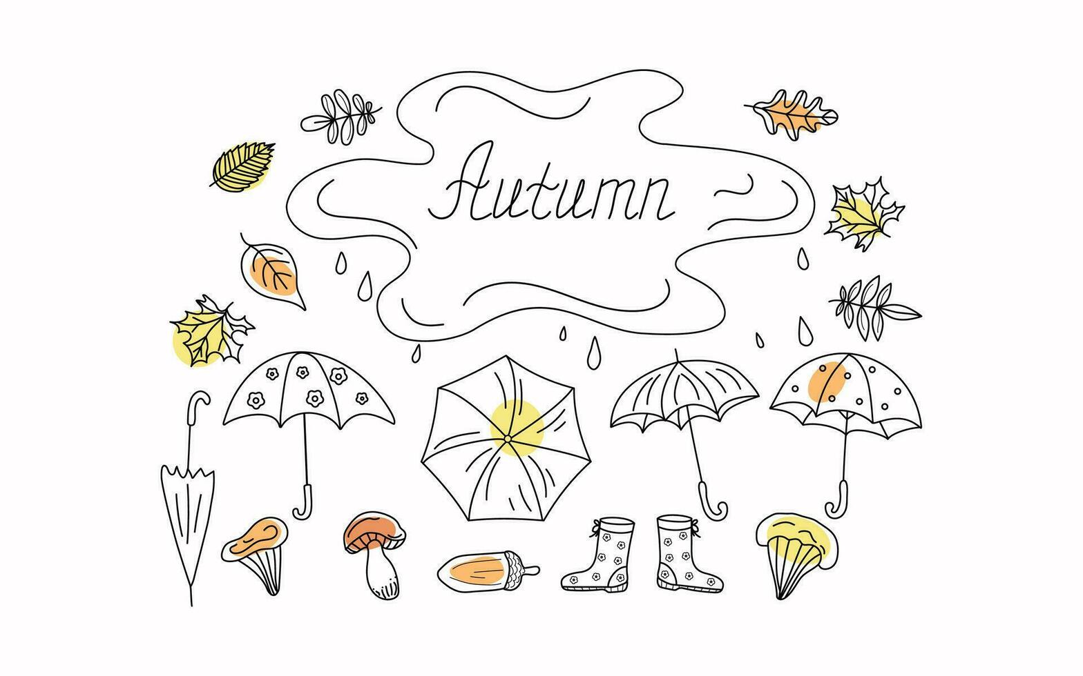 Autumn set of umbrellas, leaves, mushrooms, rubber boots. Rain, leaf fall. Doodle style vector illustration. Contour drawings. Background white isolated.