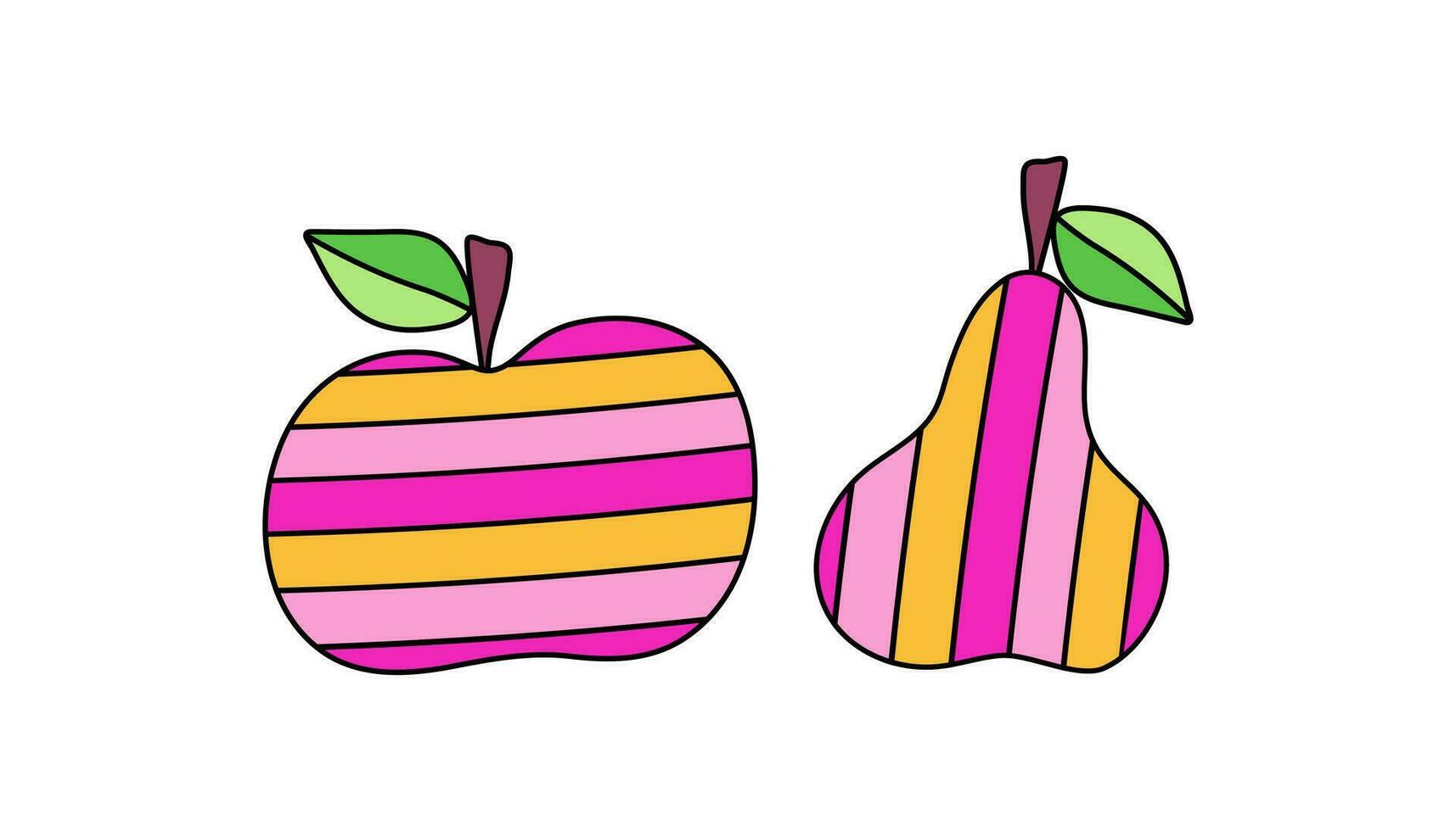Fruits abstraction, pattern, ornament. Bright fruit with a pattern. Apple and pear, leaf. Vegetarian food. Vector illustration on white isolated background.