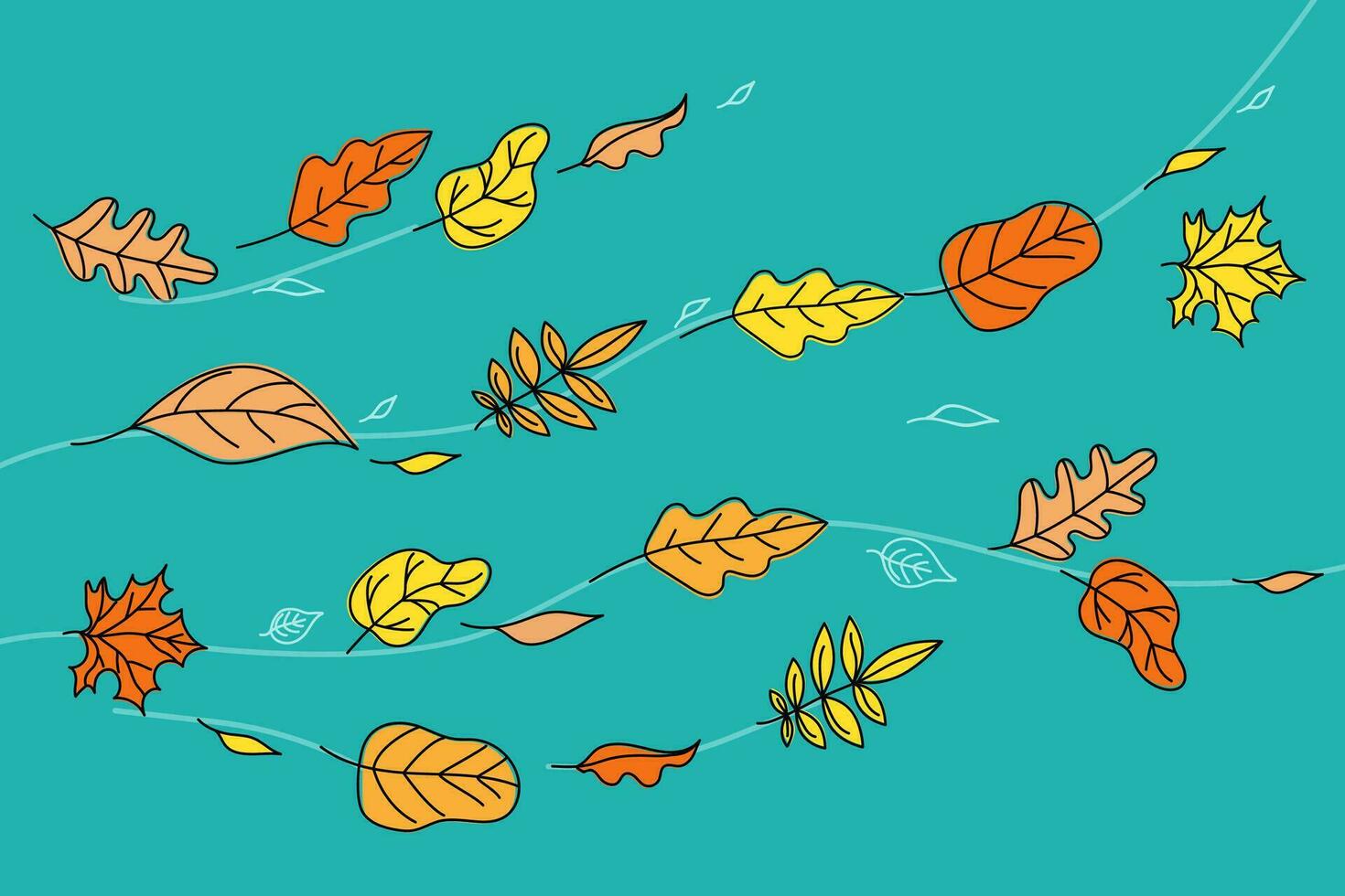 Autumn Leaves Set. Banner, background with leaves. Autumn wind. Leaves flying. Doodle style drawings. Color vector illustration, isolated background.