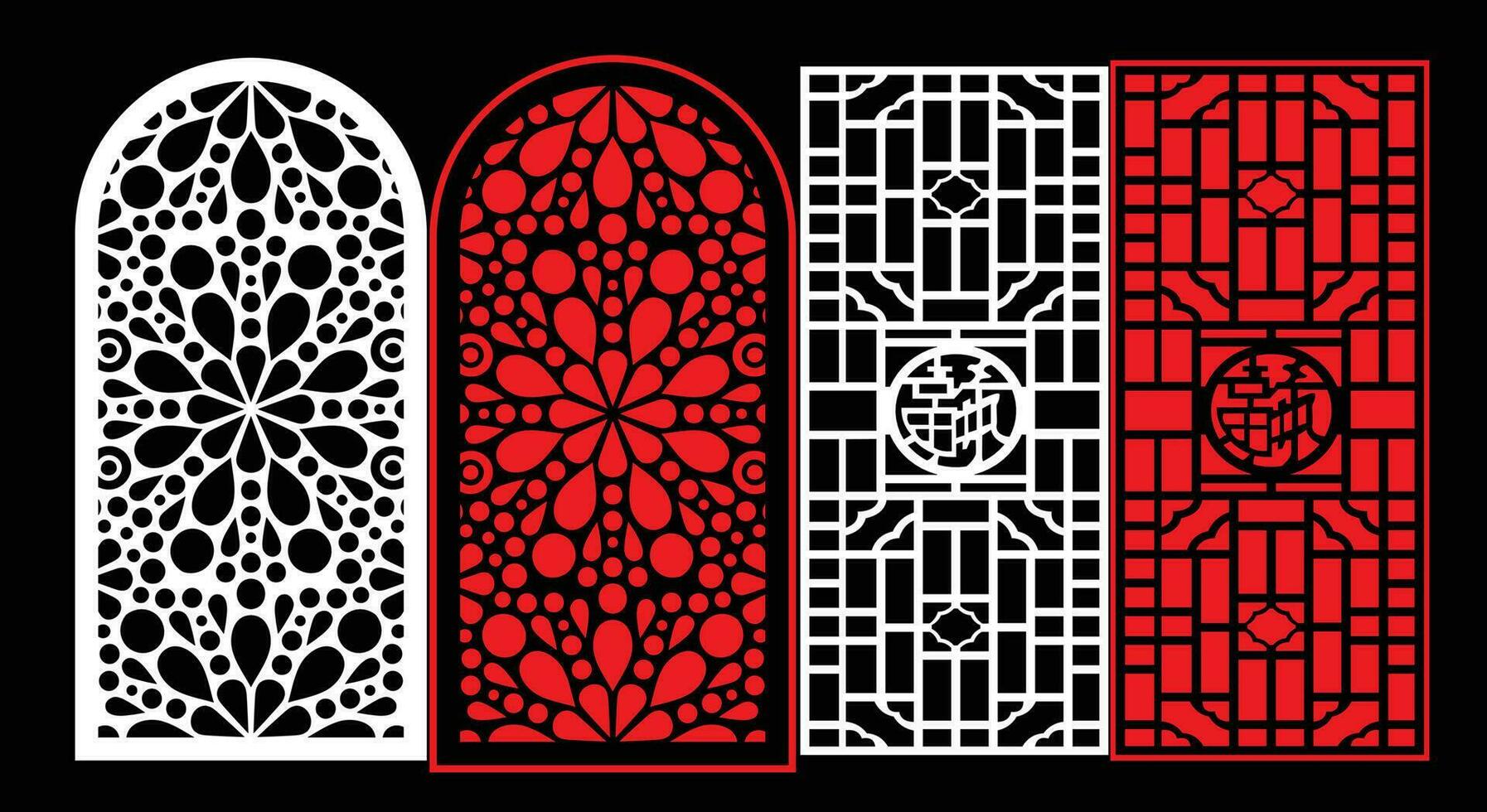 Decorative wall panels set Jali design CNC pattern, laser cutting pattern, router CNCcutting. vector