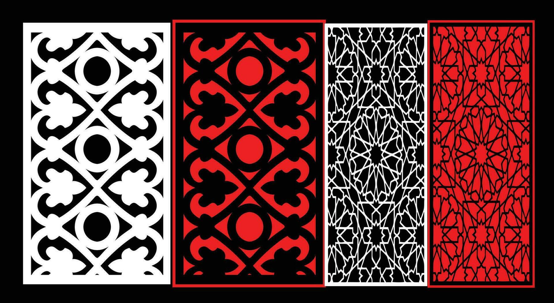 Decorative wall panels set Jali design CNC pattern, laser cutting pattern, router CNCcutting. vector
