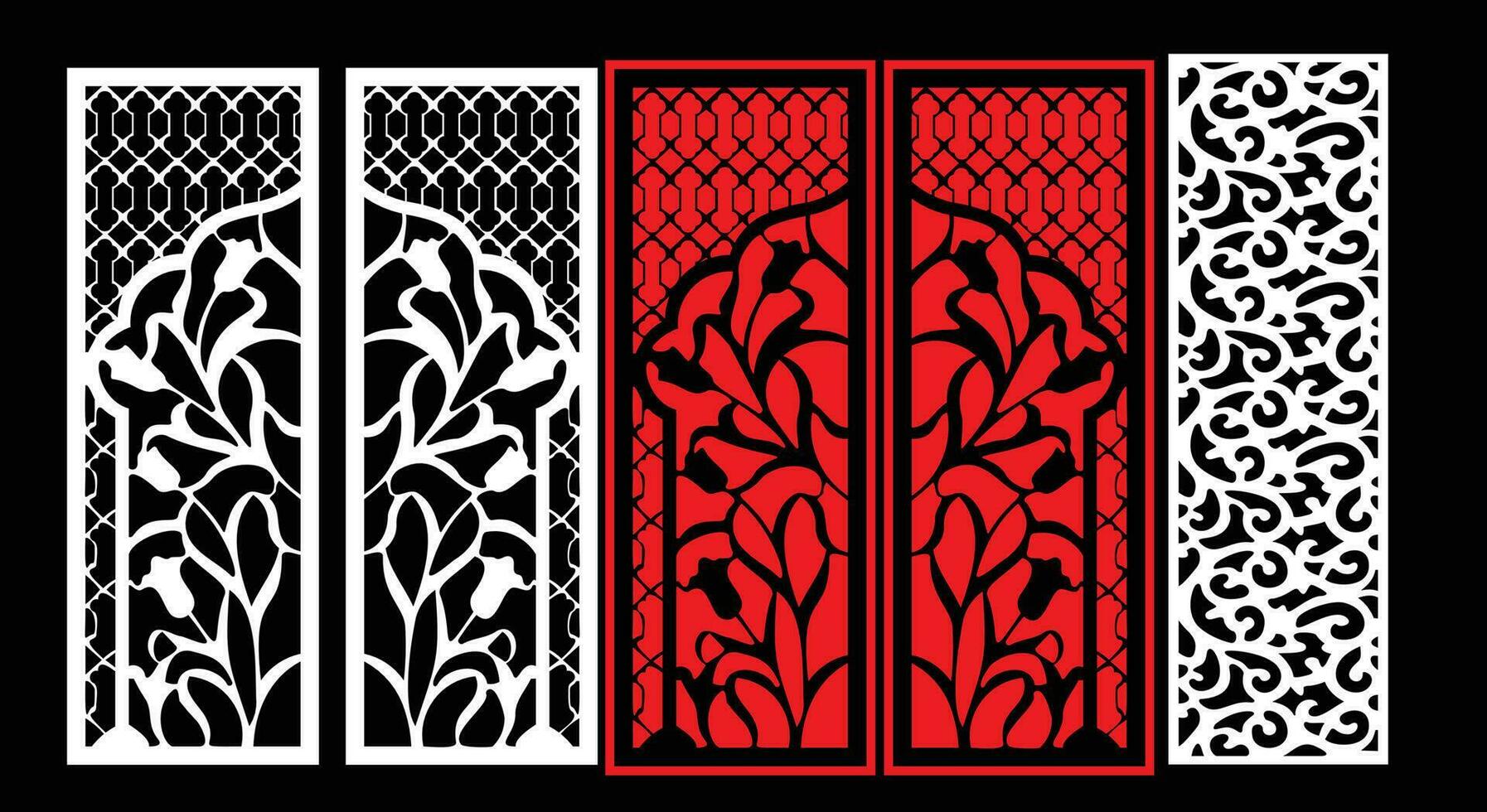 Decorative wall panels set Jali design CNC pattern, laser cutting pattern, router CNCcutting. vector