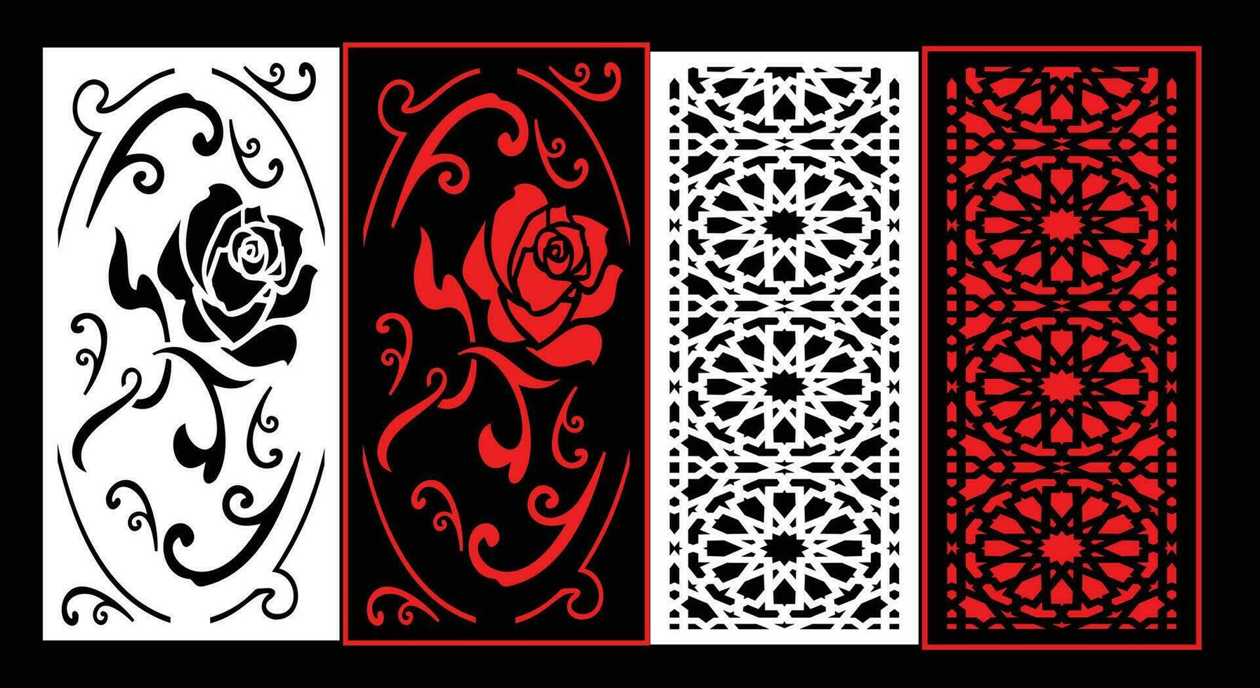 Decorative wall panels set Jali design CNC pattern, laser cutting pattern, router CNCcutting. vector