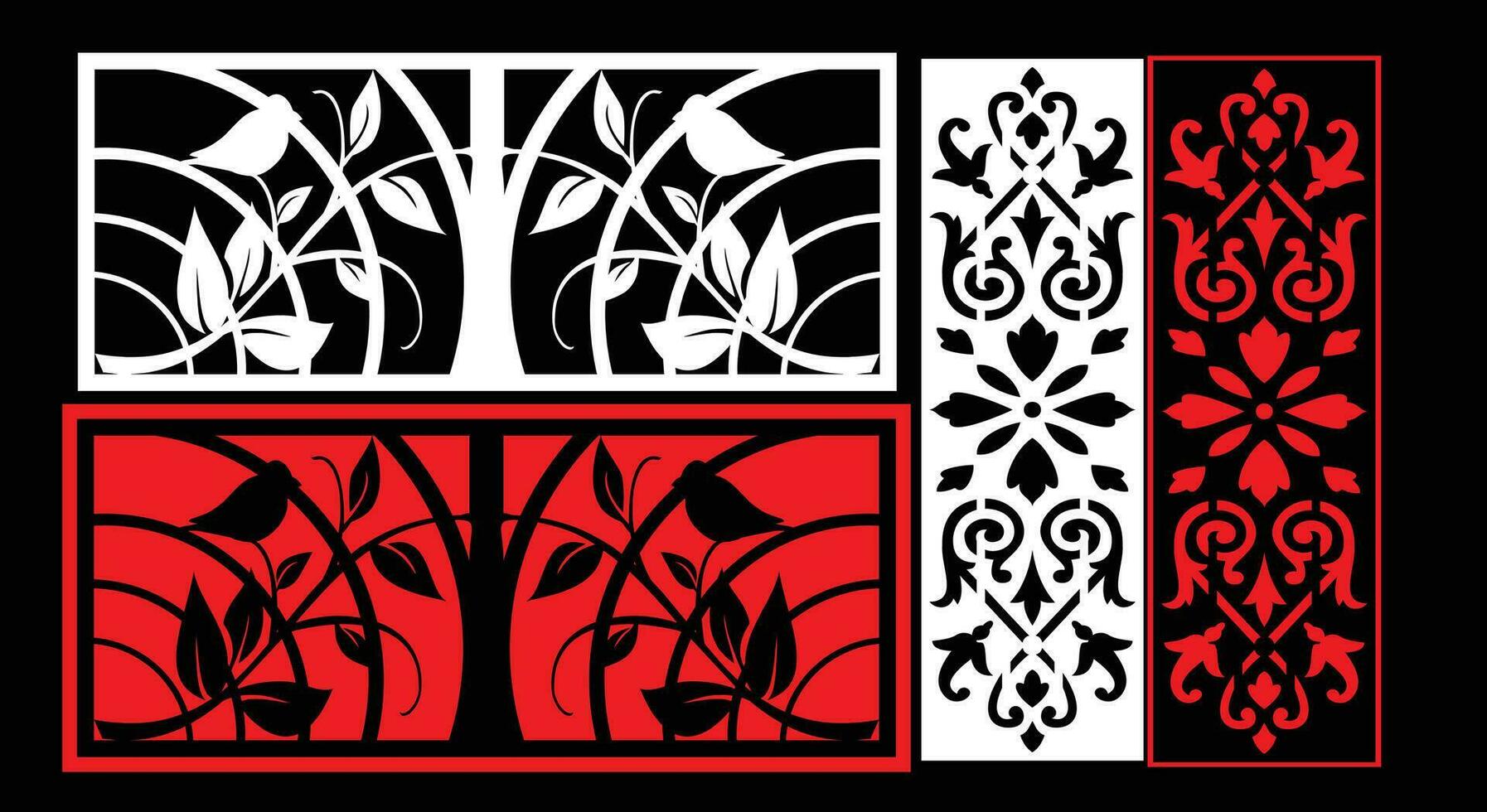 Decorative wall panels set Jali design CNC pattern, laser cutting pattern, router CNCcutting. vector