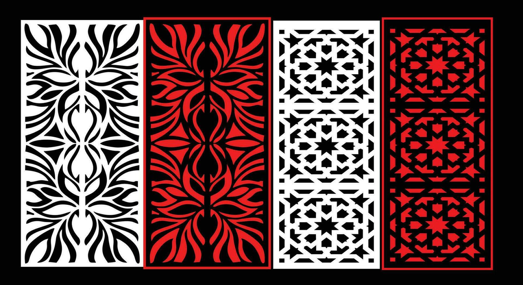 Decorative wall panels set Jali design CNC pattern, laser cutting pattern, router CNCcutting. vector
