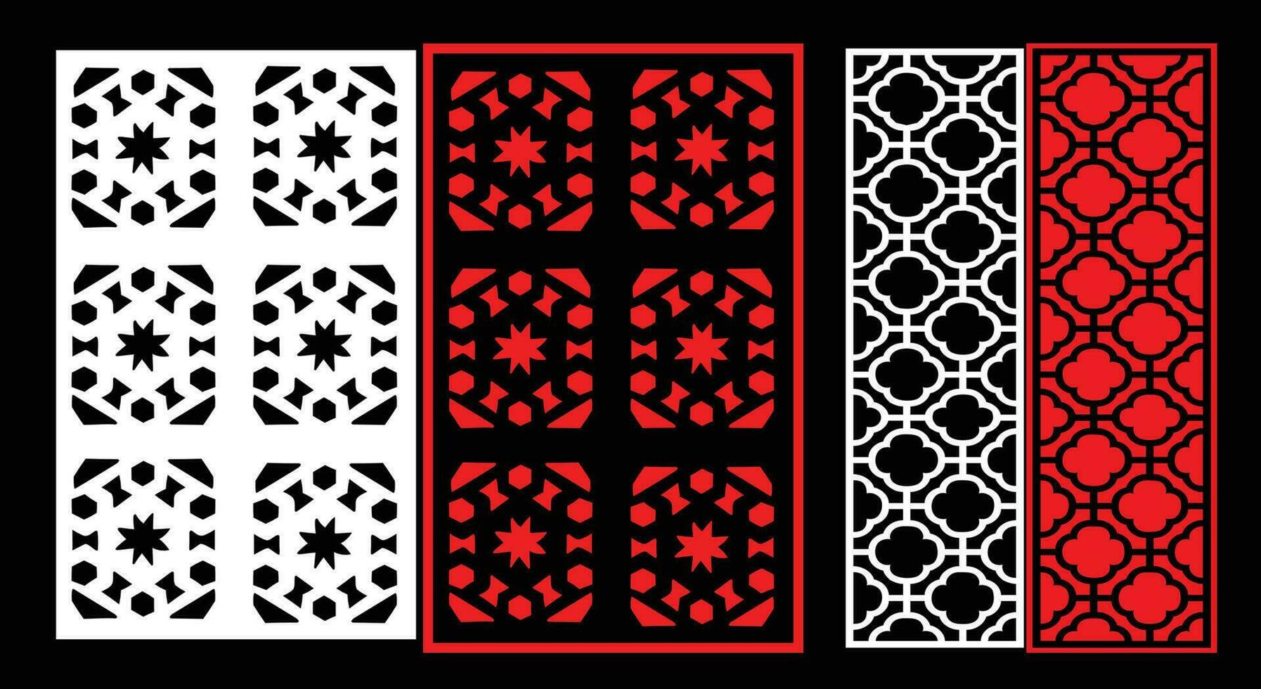 Decorative wall panels set Jali design CNC pattern, laser cutting pattern, router CNCcutting. vector