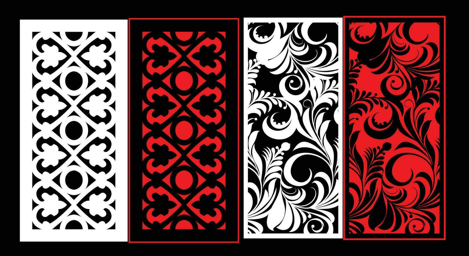 Decorative wall panels set Jali design CNC pattern, laser cutting pattern, router CNCcutting. vector