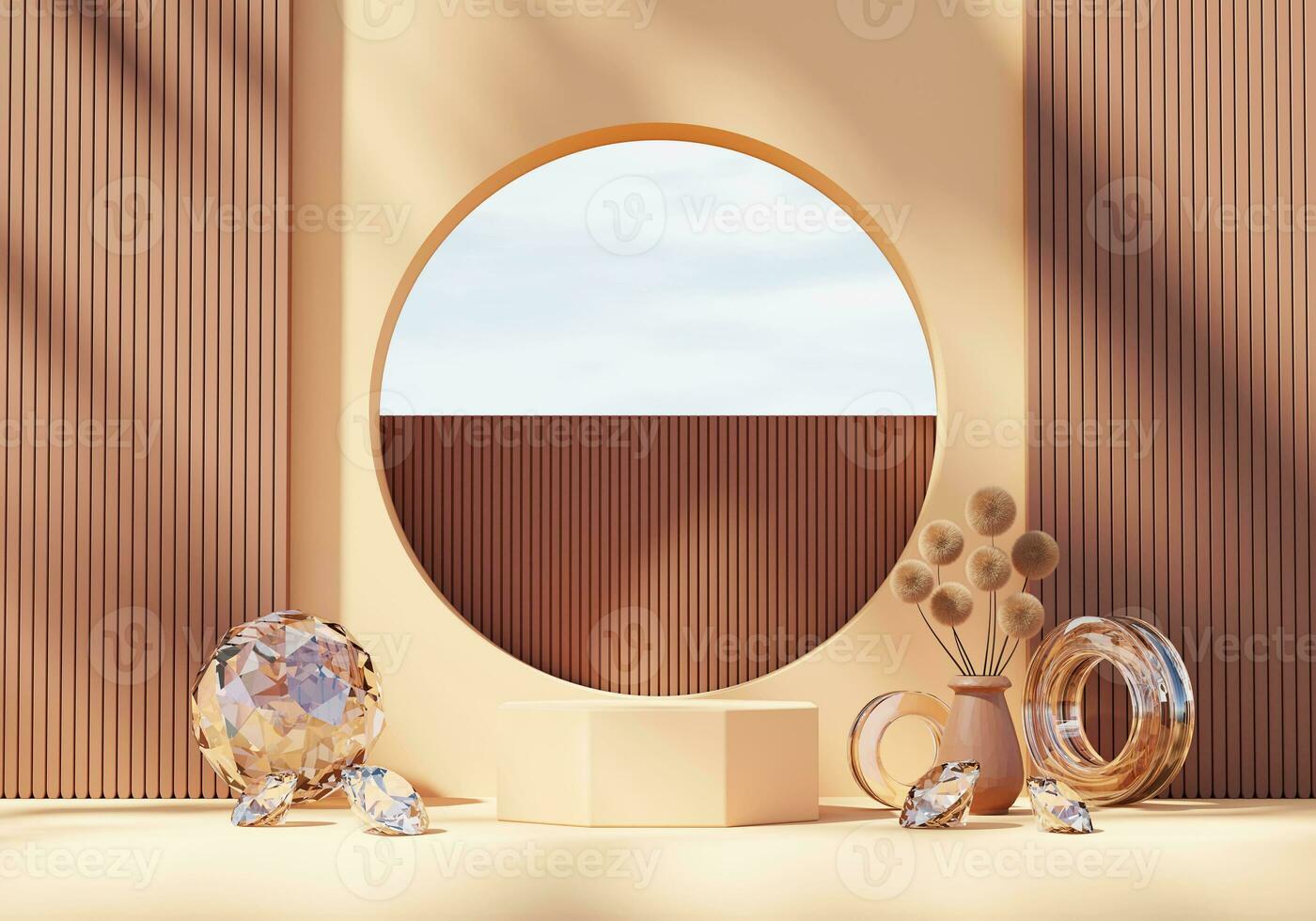 Abstract Exotic Minimal Modern Podium Platform For Product Display Showcase Presentation Advertising With Decorations 3D Rendering photo