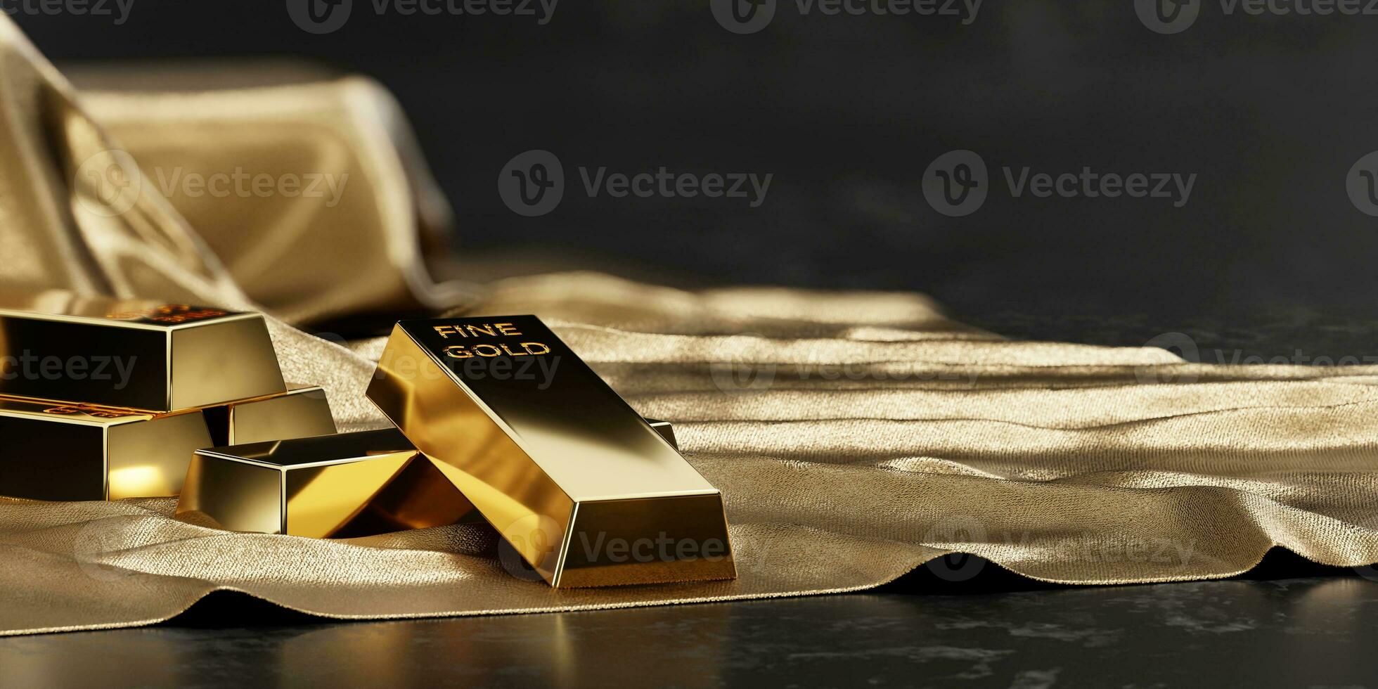 Stacked Gold bars placed on cloth background, 3D rendering photo