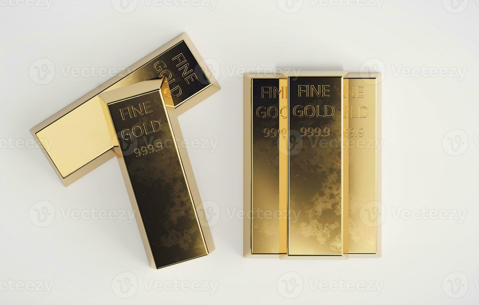 Stacked Gold bars placed on white background flat lay, 3D rendering photo