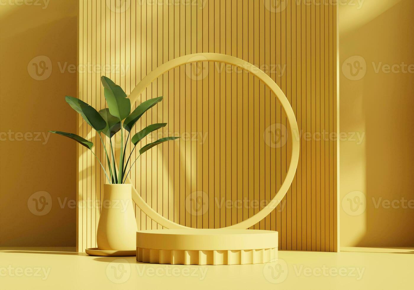 Abstract Yellow Minimal Modern Podium Platform Pedestal For Product Display Showcase Presentation Advertising With Plant 3D Rendering photo