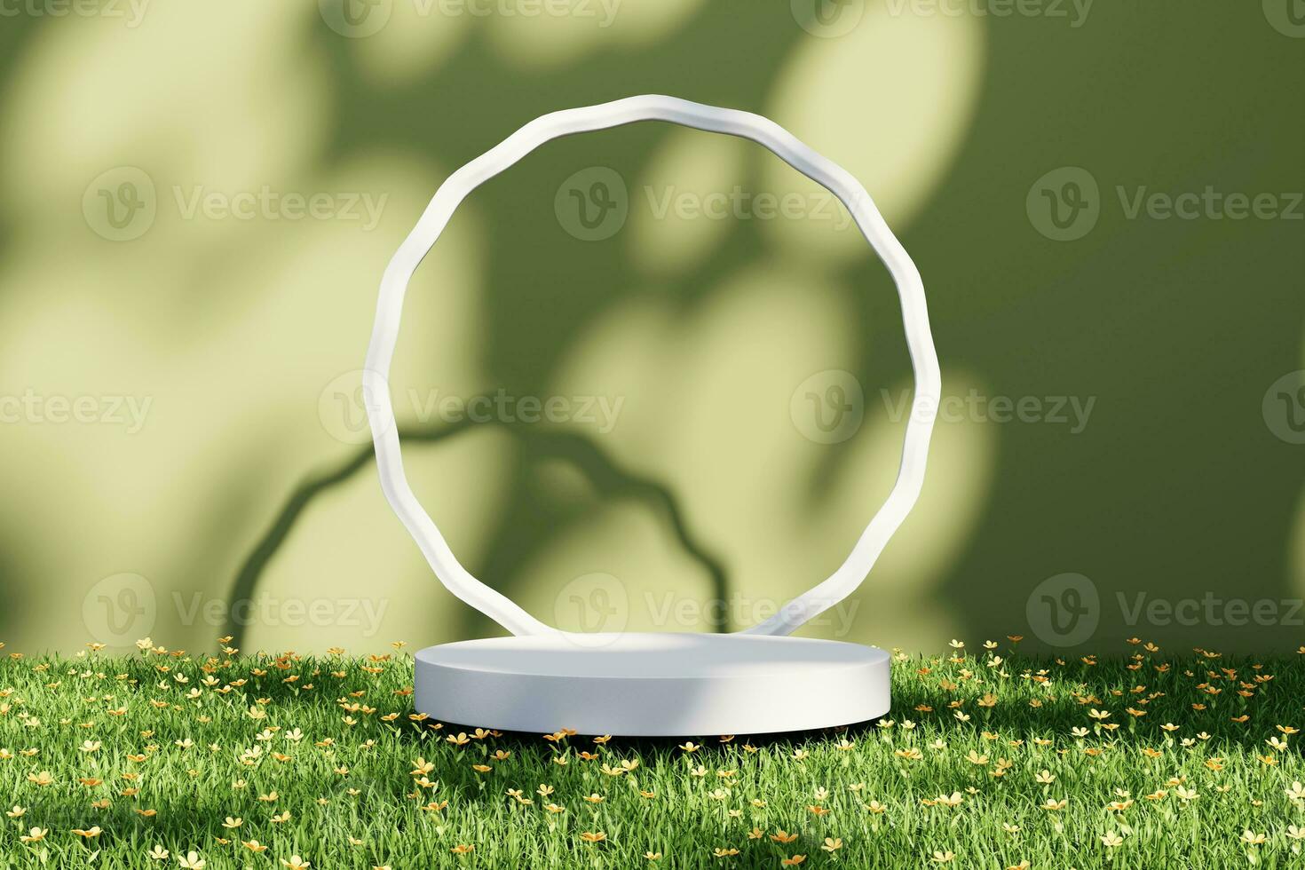 3D rendering platform podium with grass plant product presentation background photo