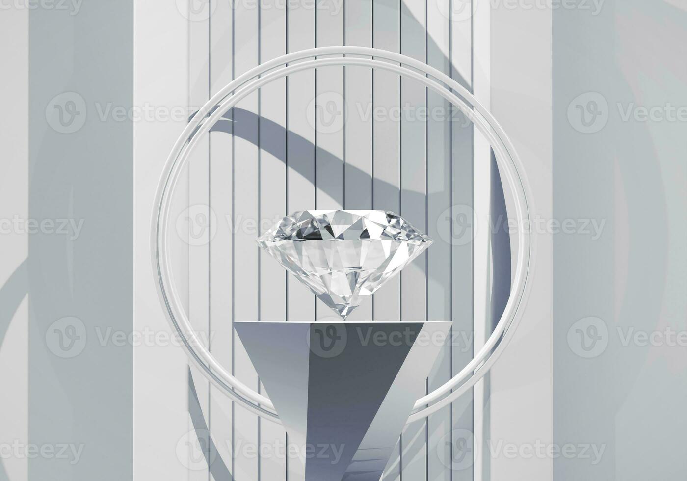 Abstract diamond gem placed on white pedestal background 3d render photo