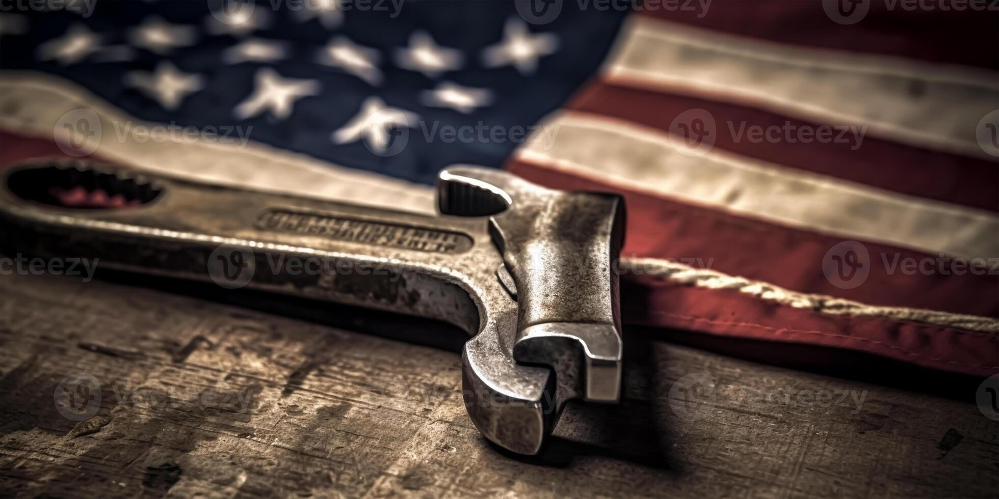 American flag and wrench on wooden background. Labor day concept, photo