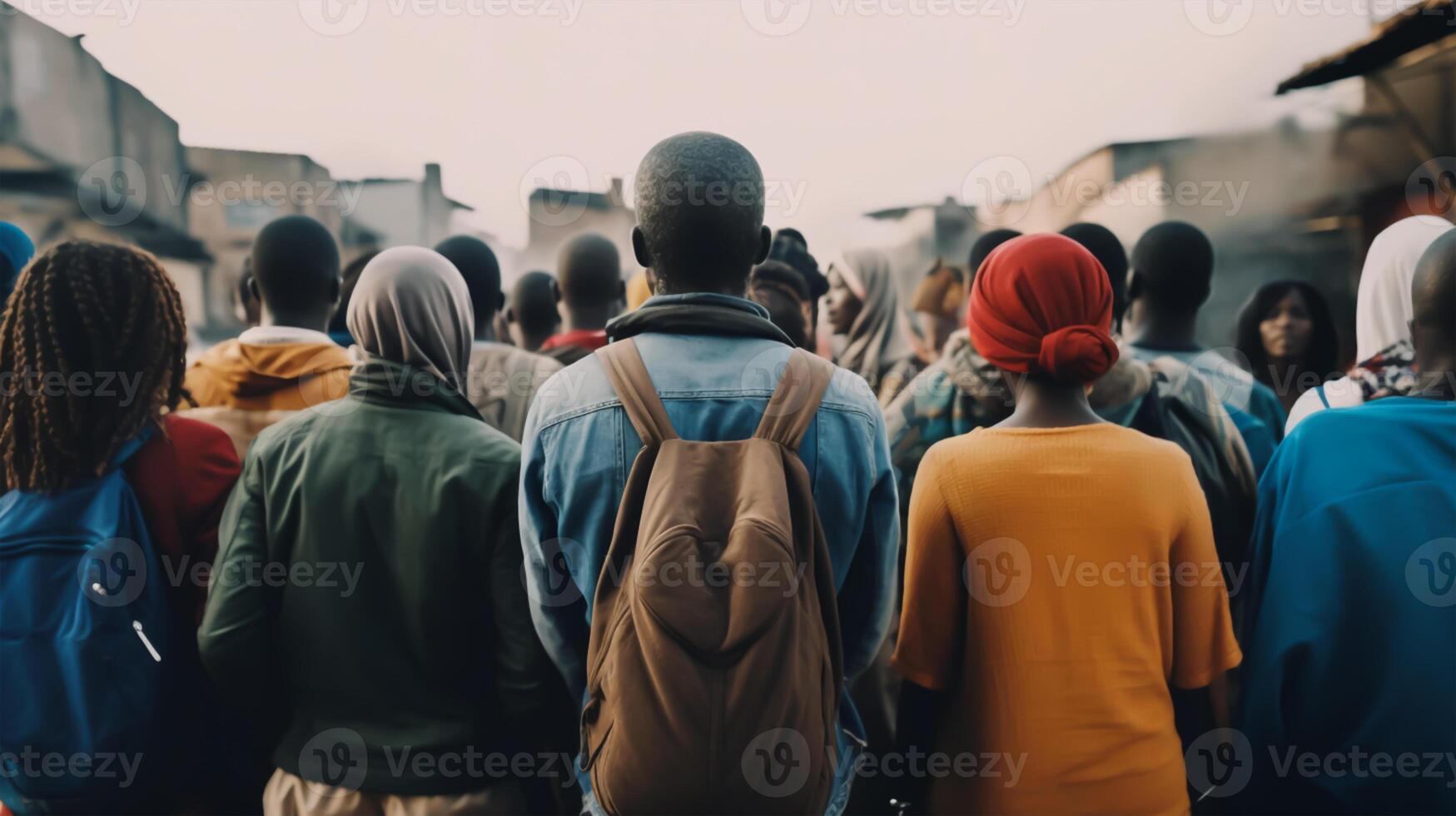 Rear view of a group of young people walking in the city, photo