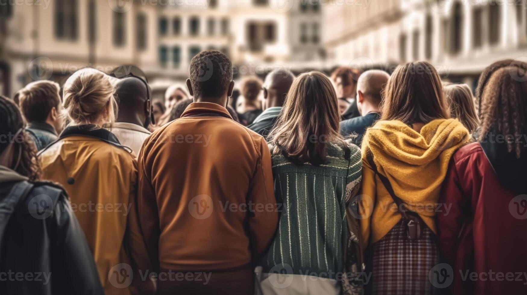 Rear view of a group of young people walking in the city, Generative AI photo