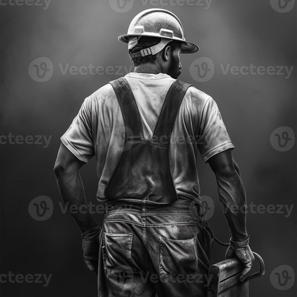 Black and white portrait of a Labor in uniform and wear helmet holding a toolbox, Labor day concept, generative ai photo