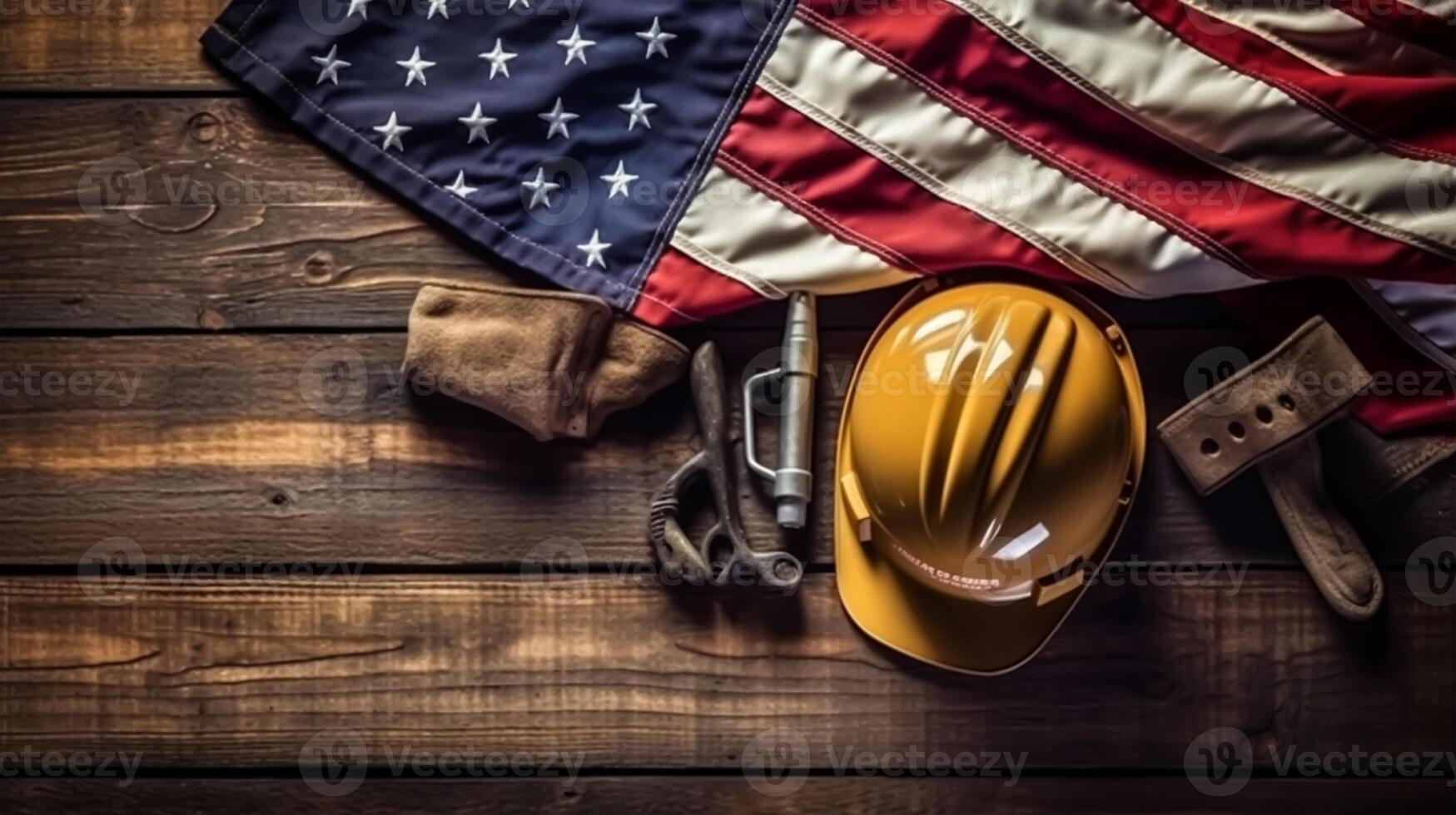 American flag with safety helmet and tools on wooden background. Labor day concept, photo